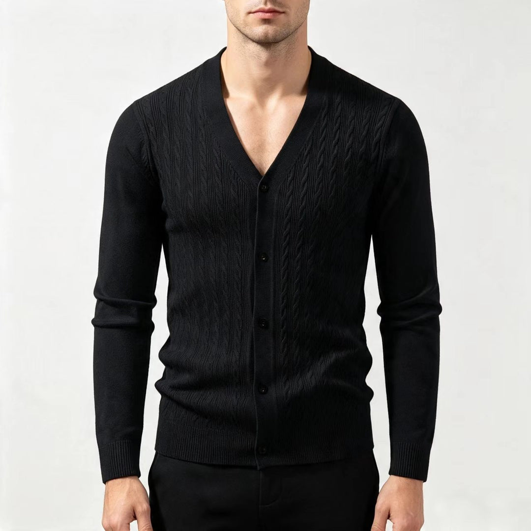 Men's fine knit cardigan with cable pattern, V-neck and button placket Mune Fashion