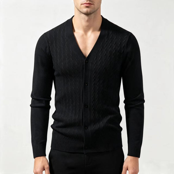 Men's fine knit cardigan with cable pattern, V-neck and button placket Mune Fashion