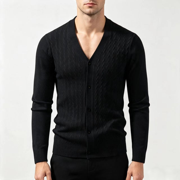 Men's fine knit cardigan with cable pattern, V-neck and button placket Mune Fashion
