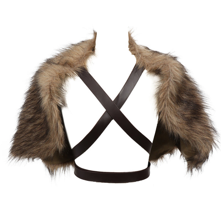 Men's Viking-inspired shoulder cape made of soft faux fur with adjustable leather straps Mune Fashion