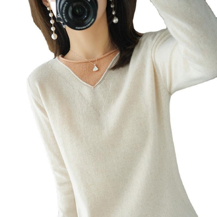 Women Soft V-Neck Sweater in Cashmere Look with Contrasted Border Decoration Mune Fashion
