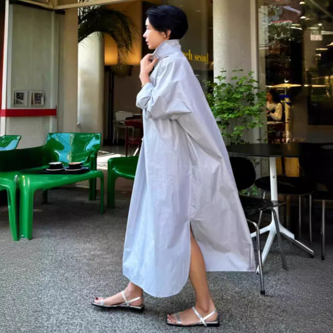 Women Flowing Oversized Shirt Dress with Kent Collar, Kimono Sleeves and Side Slits Mune Fashion