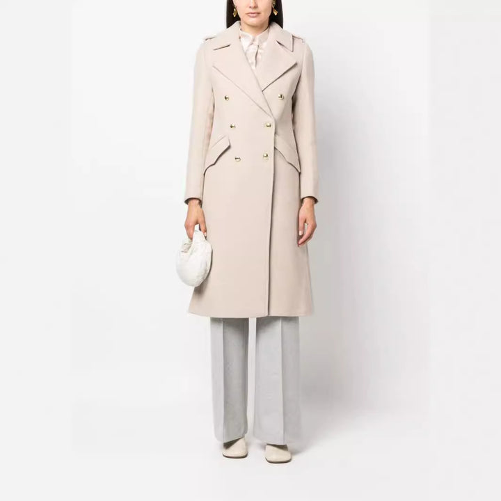 Women Mid-length double-breasted tailoring coat with fitted seam and decorative straps Mune Fashion