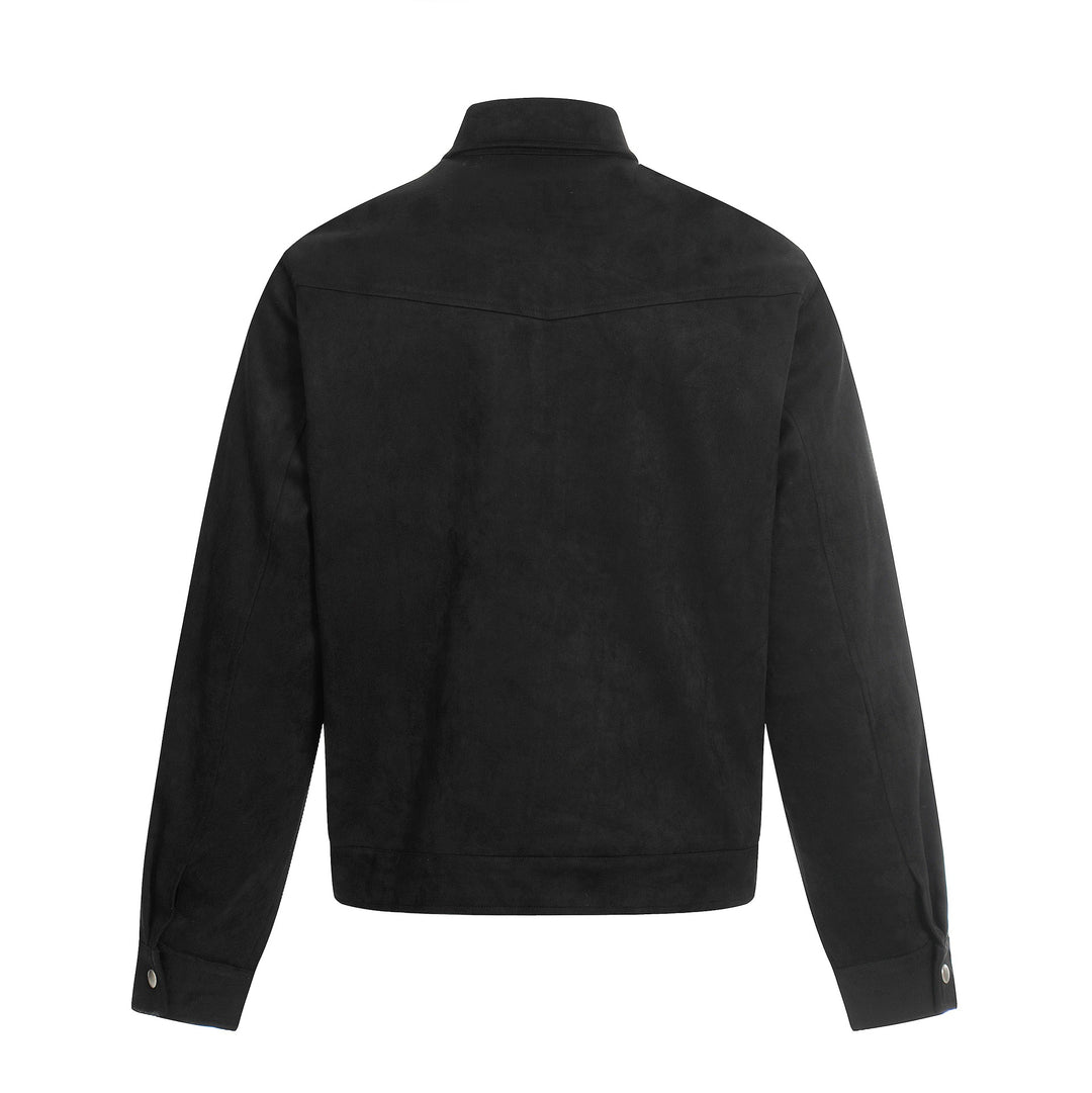 Men's short-cut suede leather blouson with stand-up collar, decorative embroidery, and toggle closure Mune Fashion