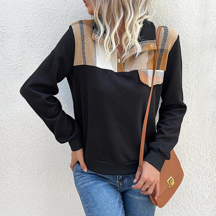 Women's quilted sweatshirt with check detail, button placket, and ribbed hem Mune Fashion