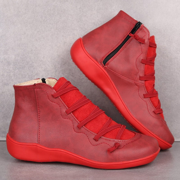 Women's Ankle-Height Comfort Boots with Elastic Decorative Lacing and Side Zipper Mune Fashion