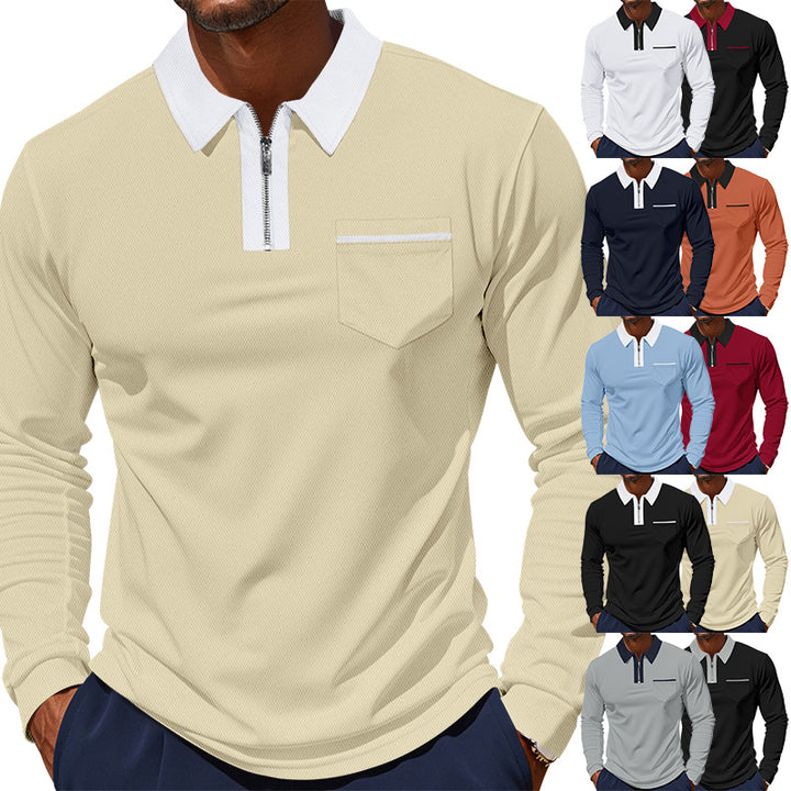 Men's long-sleeved zip polo shirt with chest pocket and contrast collar Mune Fashion