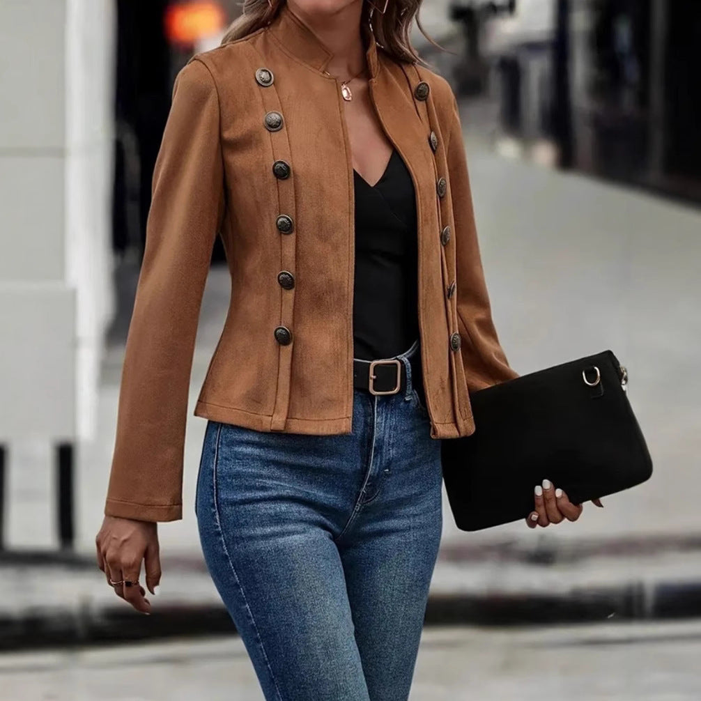 Women's fitted military jacket with stand-up collar and double button placket Mune Fashion