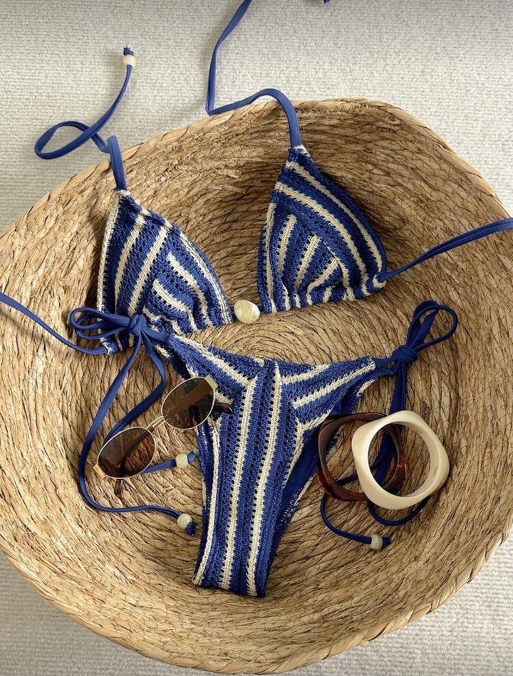 Ladies Hand-Crocheted Bikini with Maritime Stripe Pattern Mune Fashion