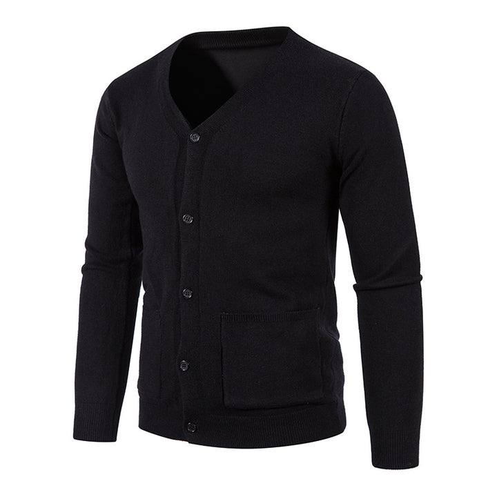 Men's lightweight fine-knit cardigan with V-neck, full button placket, and patch pockets Mune Fashion