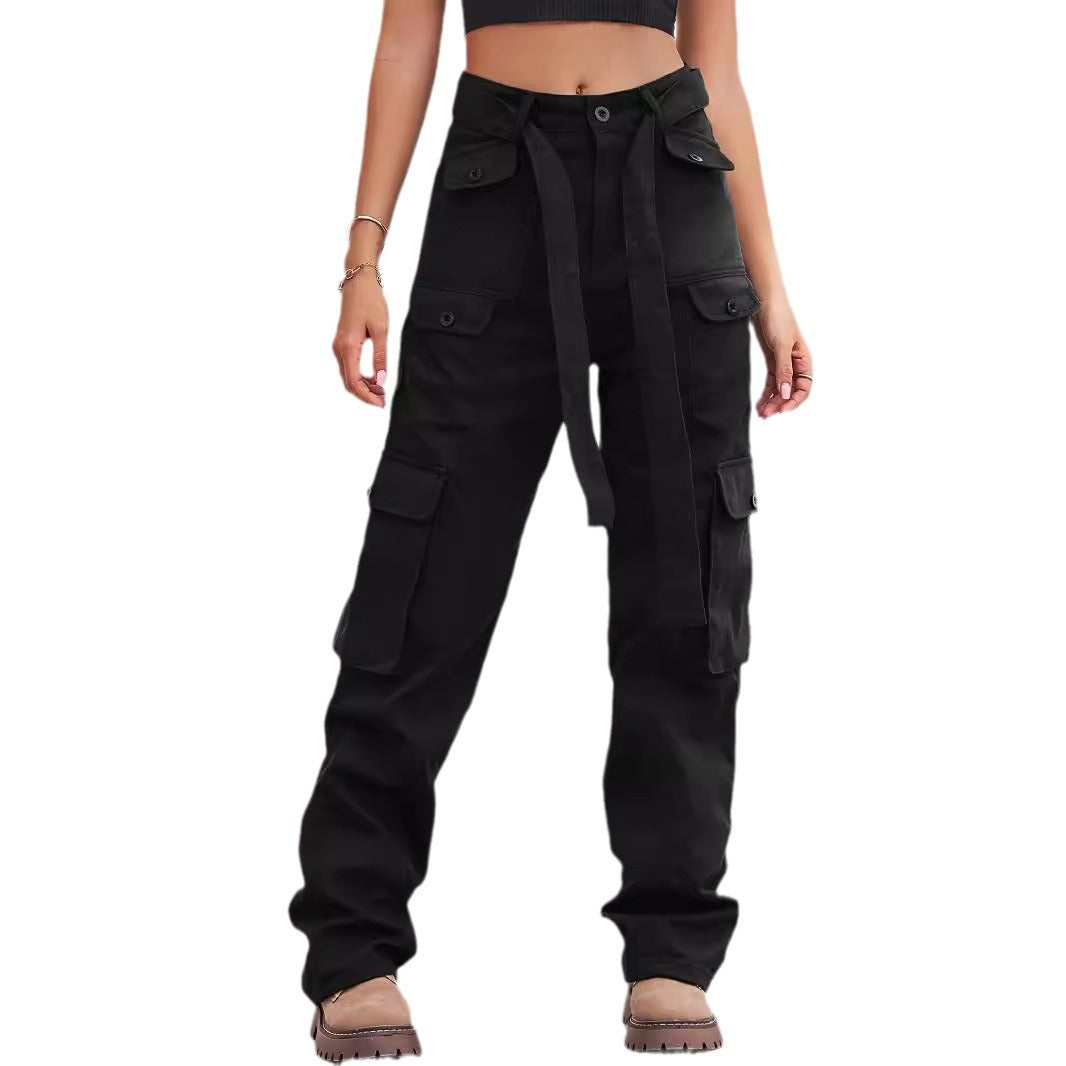 Ladies cargo pants with high waist, tie belt, and multiple flap pockets Mune Fashion