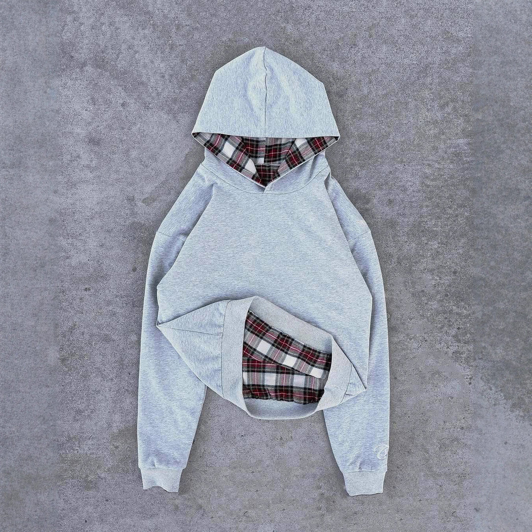 Ladies short-cut hoodie with checkered flannel lining and kangaroo pocket Mune Fashion