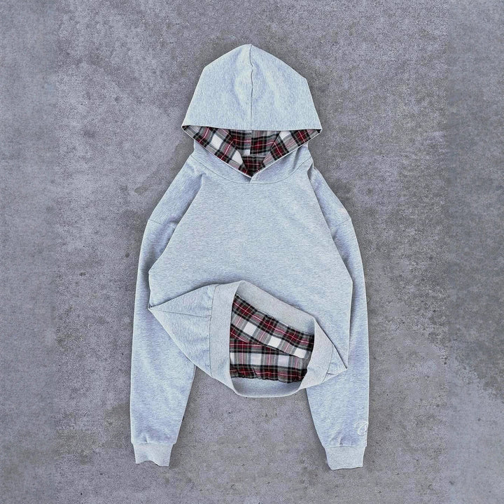 Ladies short-cut hoodie with checkered flannel lining and kangaroo pocket Mune Fashion