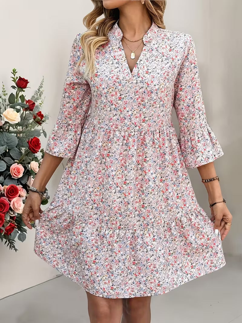 Women's Floral Babydoll Dress with V-Neck, High Empire Waist and Bell Sleeves Mune Fashion