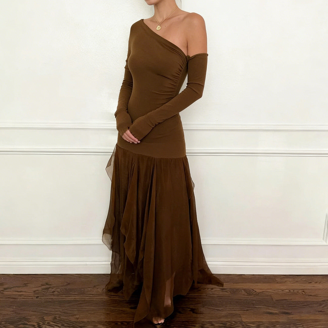 Women One-Shoulder Evening Dress with Fitted Stretch Silhouette and Layered Tulle Mermaid Skirt Mune Fashion
