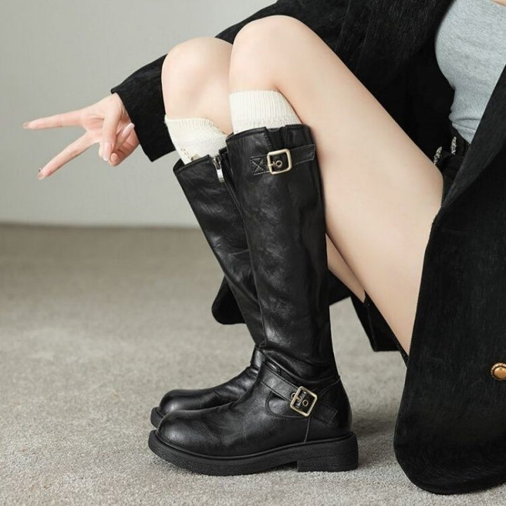 Women's Knee-High Combat Boots with Smooth Leather Look, Side Zipper and Decorative Buckles Mune Fashion