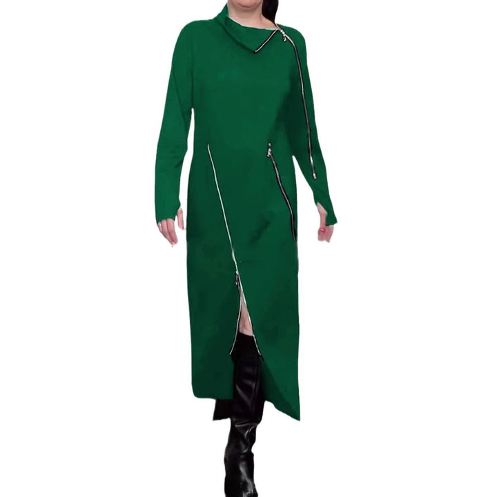 Women's Long Knit Dress with Asymmetric Metal Zippers and Front Slit Mune Fashion