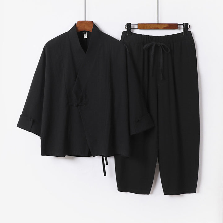 Men's Breathable Linen-Cotton Lounge Set with Asymmetrical V-Neck and Elastic Cord Pants Mune Fashion