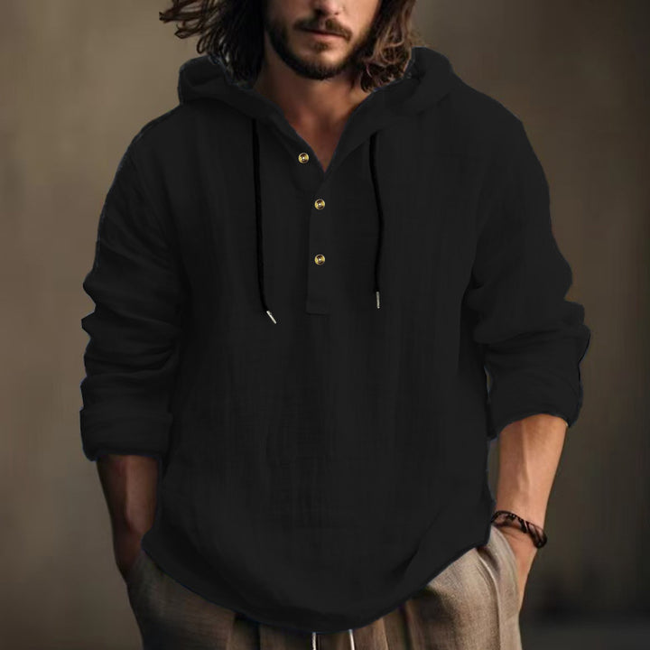 Men's lightweight hooded Henley linen shirt with button placket and drawstring Mune Fashion