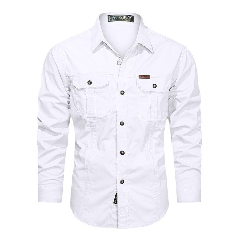 Men's rugged canvas shirt with double chest pockets and reinforced seams.