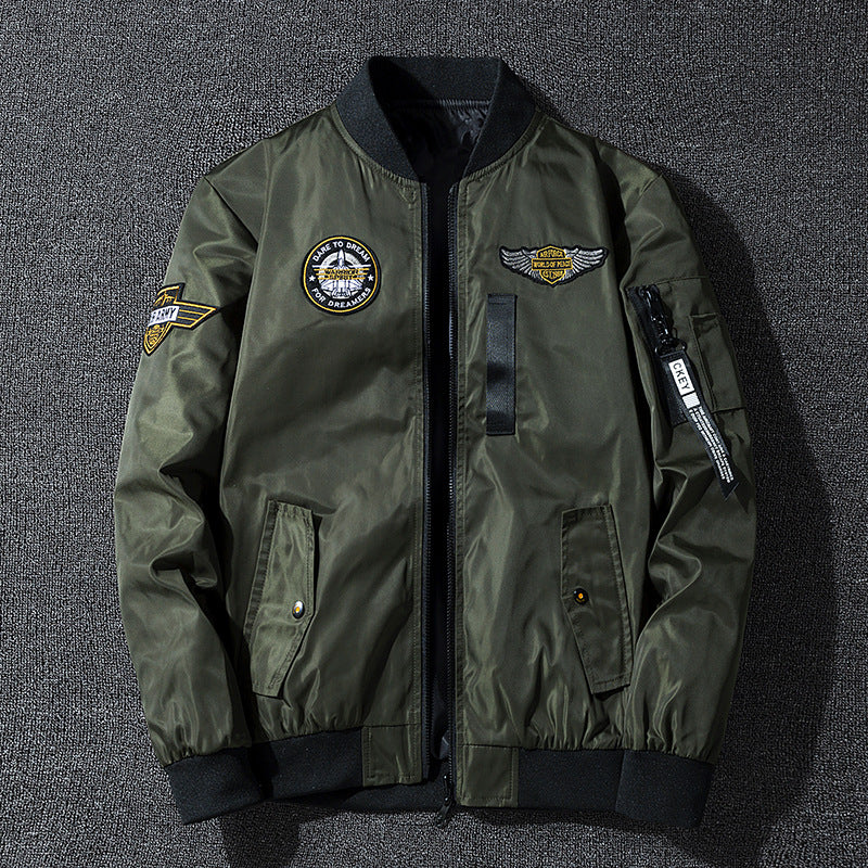 Men's  vintage aviation patch lightweight flight bomber jacket with ribbed collar and zip sleeve pocket Mune Fashion