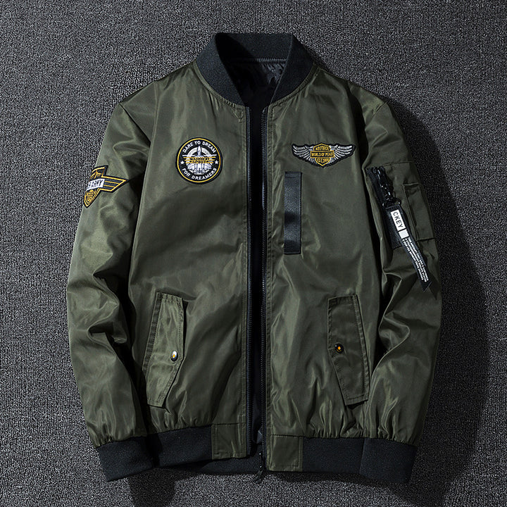 Men's  vintage aviation patch lightweight flight bomber jacket with ribbed collar and zip sleeve pocket Mune Fashion