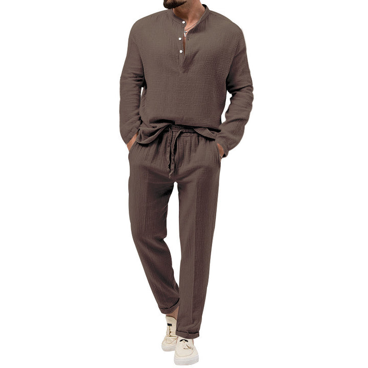 Men's Casual Two-Piece Lounge Set made of Cotton Gauze with Henley Top and Drawstring Pants Mune Fashion
