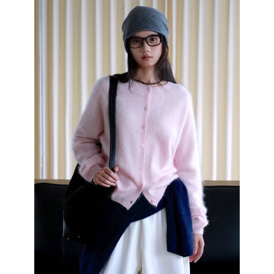 Women's short cardigan made of fluffy mohair mix with button placket and round neck