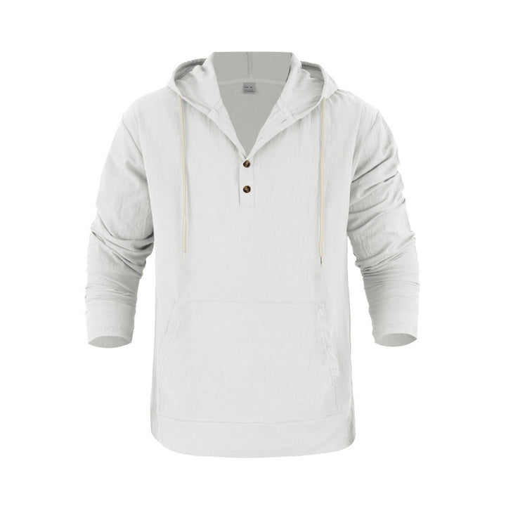 Men's linen look Henley hoodie with button placket and kangaroo pocket Mune Fashion