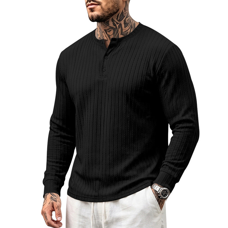 Men's Textured Long Sleeve Henley Shirt with Stand Collar and Cable Knit Mune Fashion