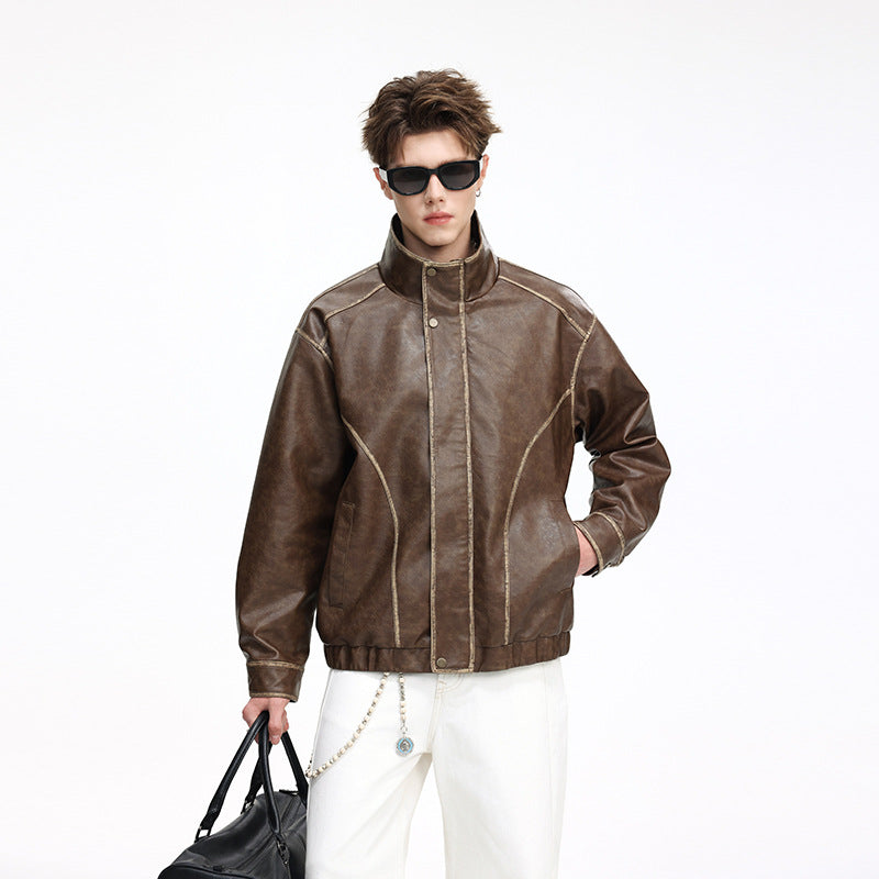 Men's faux leather bomber jacket with stand-up collar and decorative contrast stitching Mune Fashion