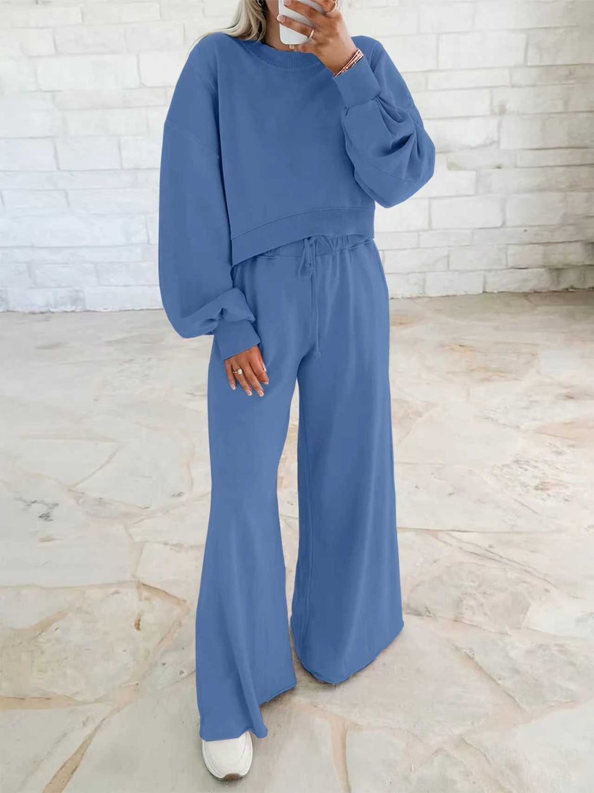 Women's Short Sweater and Palazzo Pants Lounge Set with Balloon Sleeves Mune Fashion