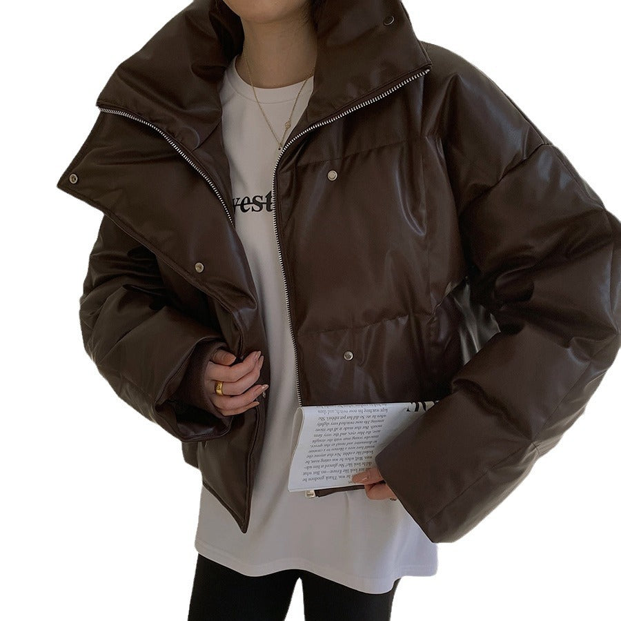 Women Fashionable Leather Down Jacket Mune Fashion