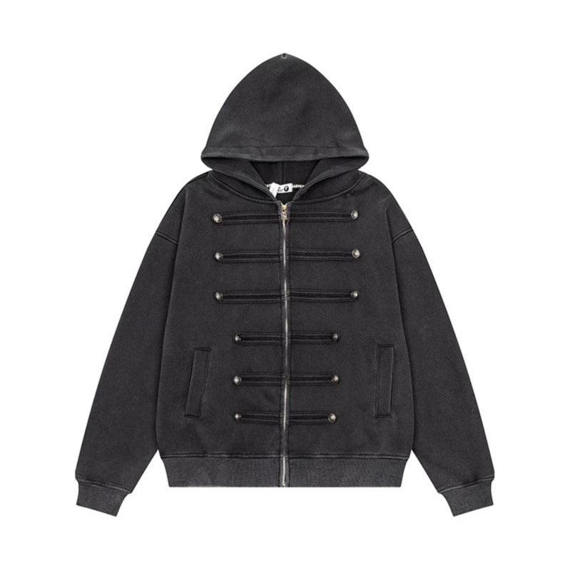Ladies Hooded Sweat Jacket with decorative Double Button Placket and Zipper Mune Fashion