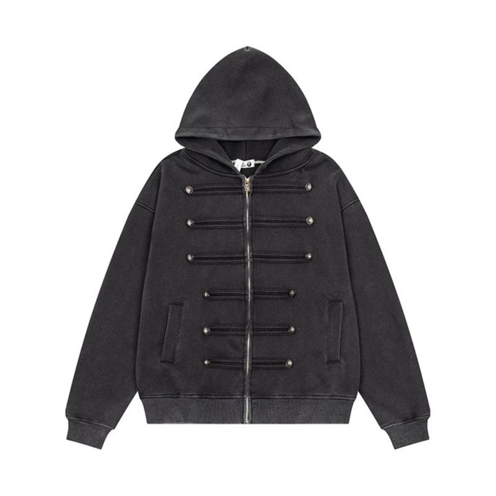 Ladies Hooded Sweat Jacket with decorative Double Button Placket and Zipper Mune Fashion