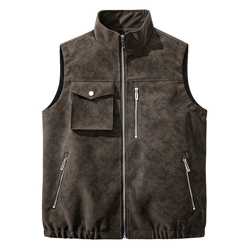 Men's utility vest in velour look with stand-up collar, multi pockets, and full zip Mune Fashion