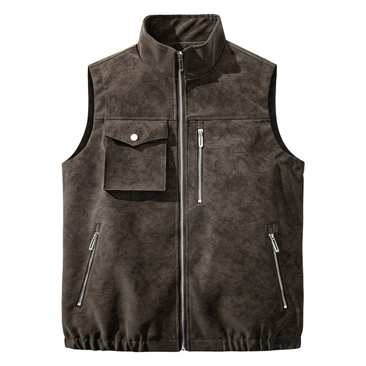 Men's utility vest in velour look with stand-up collar, multi pockets, and full zip Mune Fashion