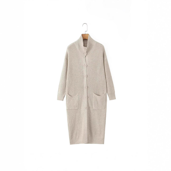 Women Long Chunky Knit Cardigan with Shawl Collar, Button Placket and Patch Pockets Mune Fashion