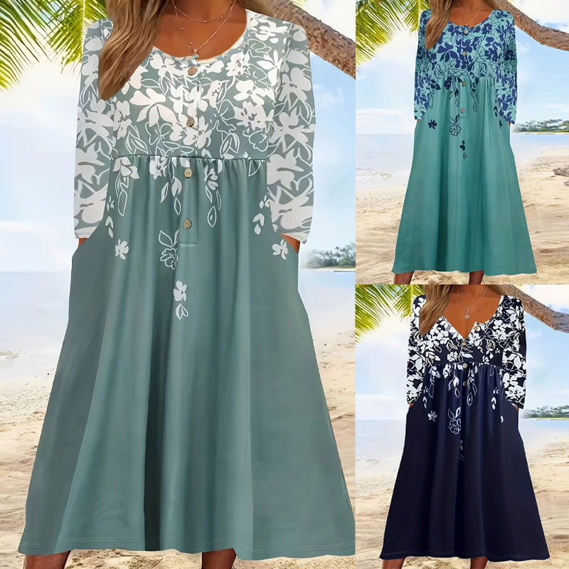 Ladies maxi dress with V-neck, floral print, button placket and side pockets Mune Fashion