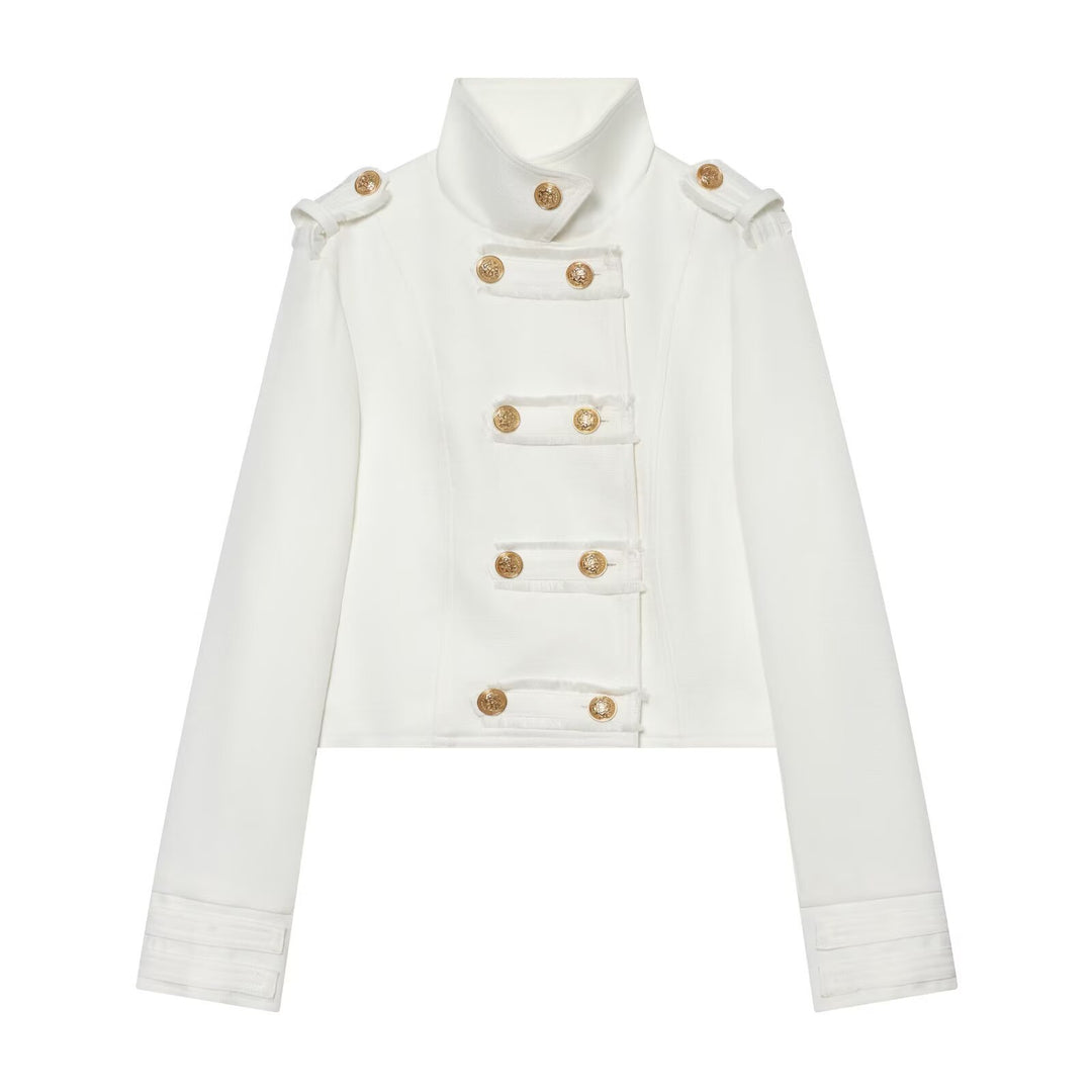 Women's Cropped Uniform Jacket in Military Style with Stand-up Collar and Decorative Button Placket Mune Fashion