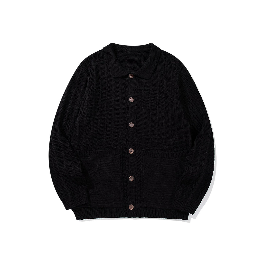 Unisex Textured Knit Cardigan with Shirt Collar and Patch Pockets Mune Fashion