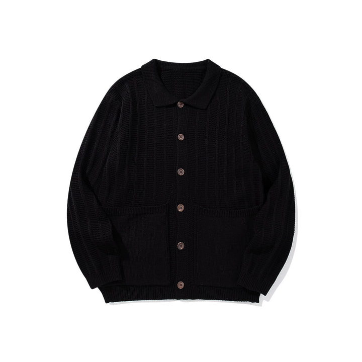 Unisex Textured Knit Cardigan with Shirt Collar and Patch Pockets Mune Fashion