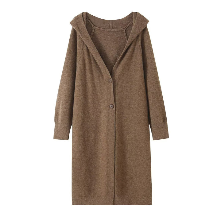 Women's Longline Knit Cardigan with Hood, Fine Knit and Button Closure Drune