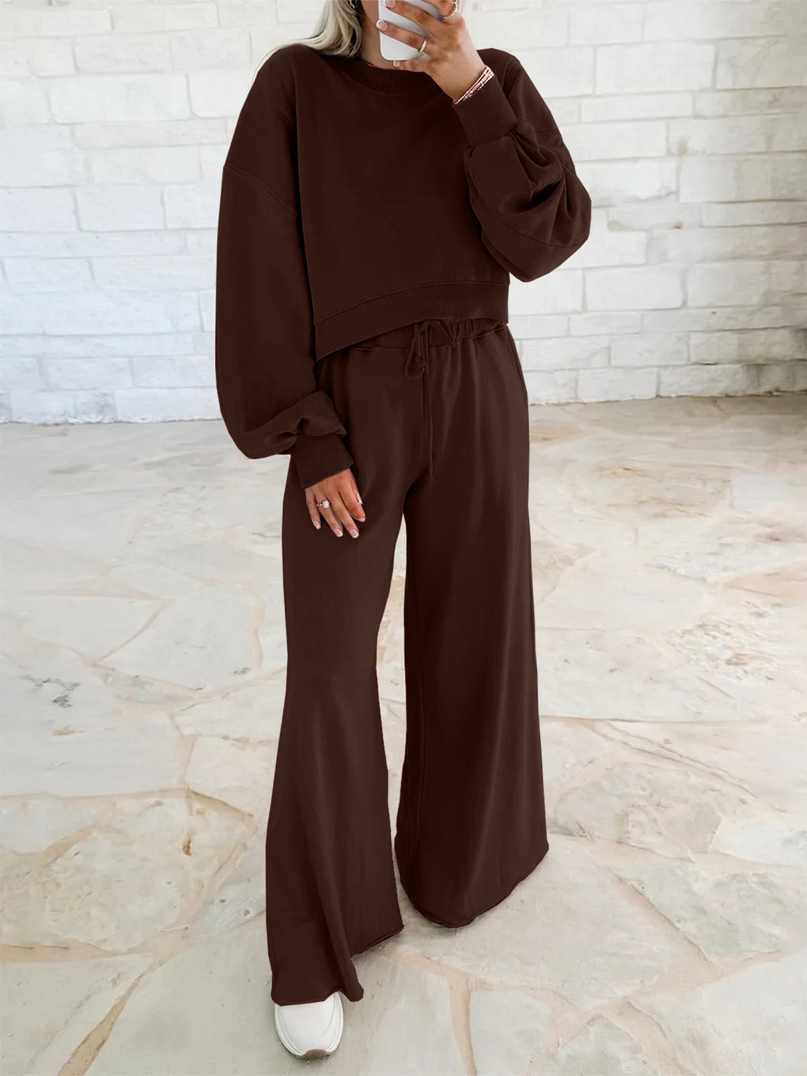 Women's Short Sweater and Palazzo Pants Lounge Set with Balloon Sleeves Mune Fashion