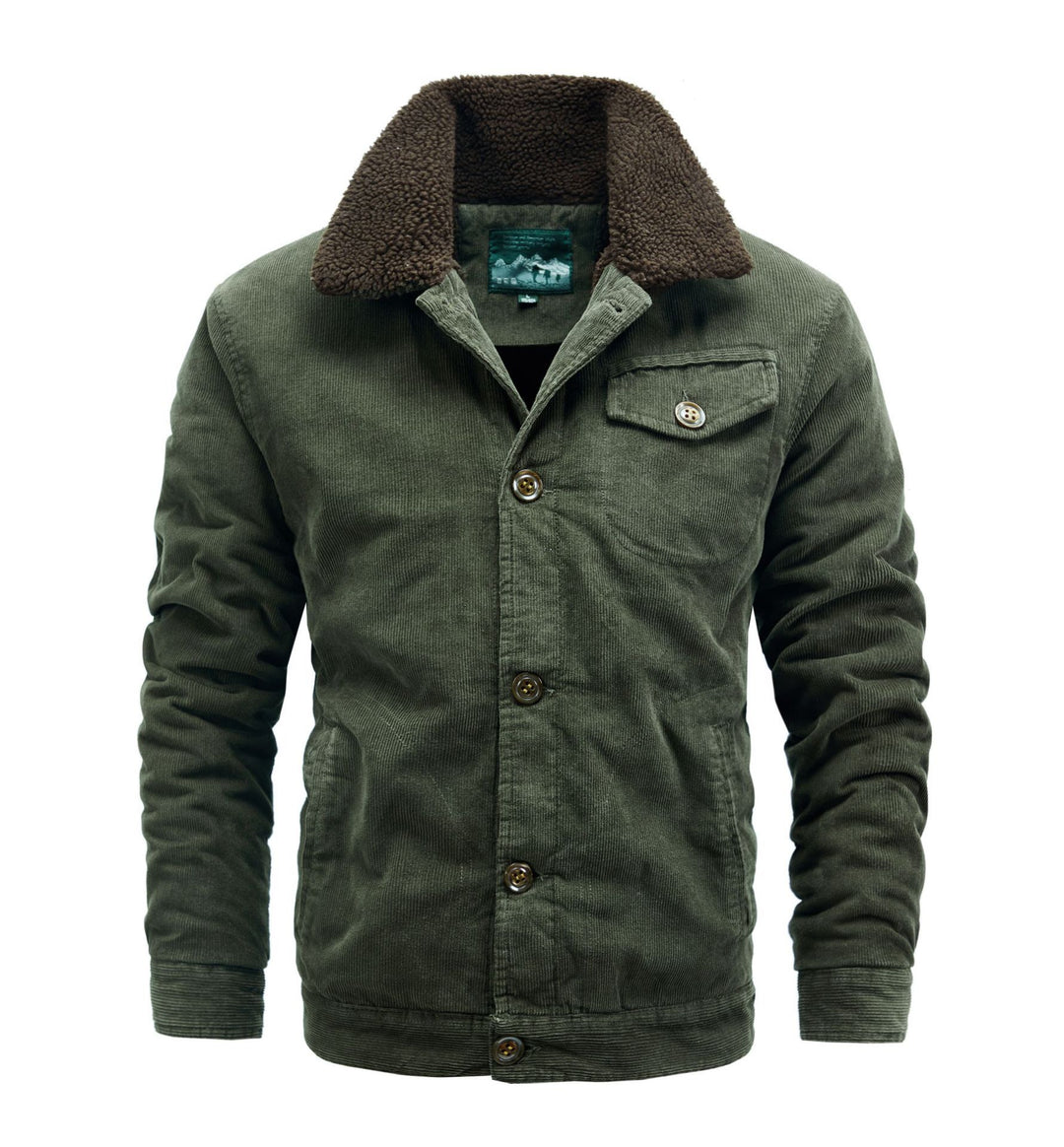 Men's Cord Trucker Jacket with Continuous Sherpa Lining and Shirt Collar Mune Fashion