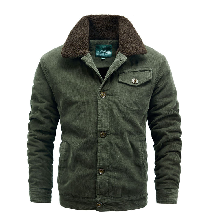 Men's Cord Trucker Jacket with Continuous Sherpa Lining and Shirt Collar Mune Fashion