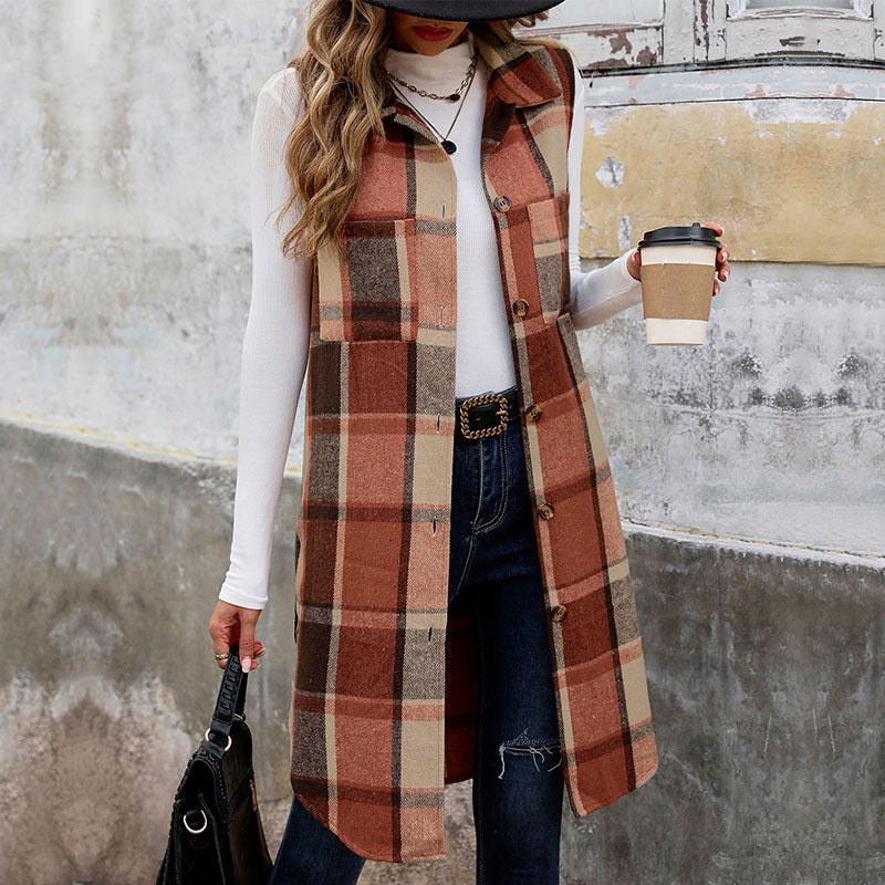 Women's Sleeveless Checked Long Vest with Shirt Collar and Button Placket Mune Fashion