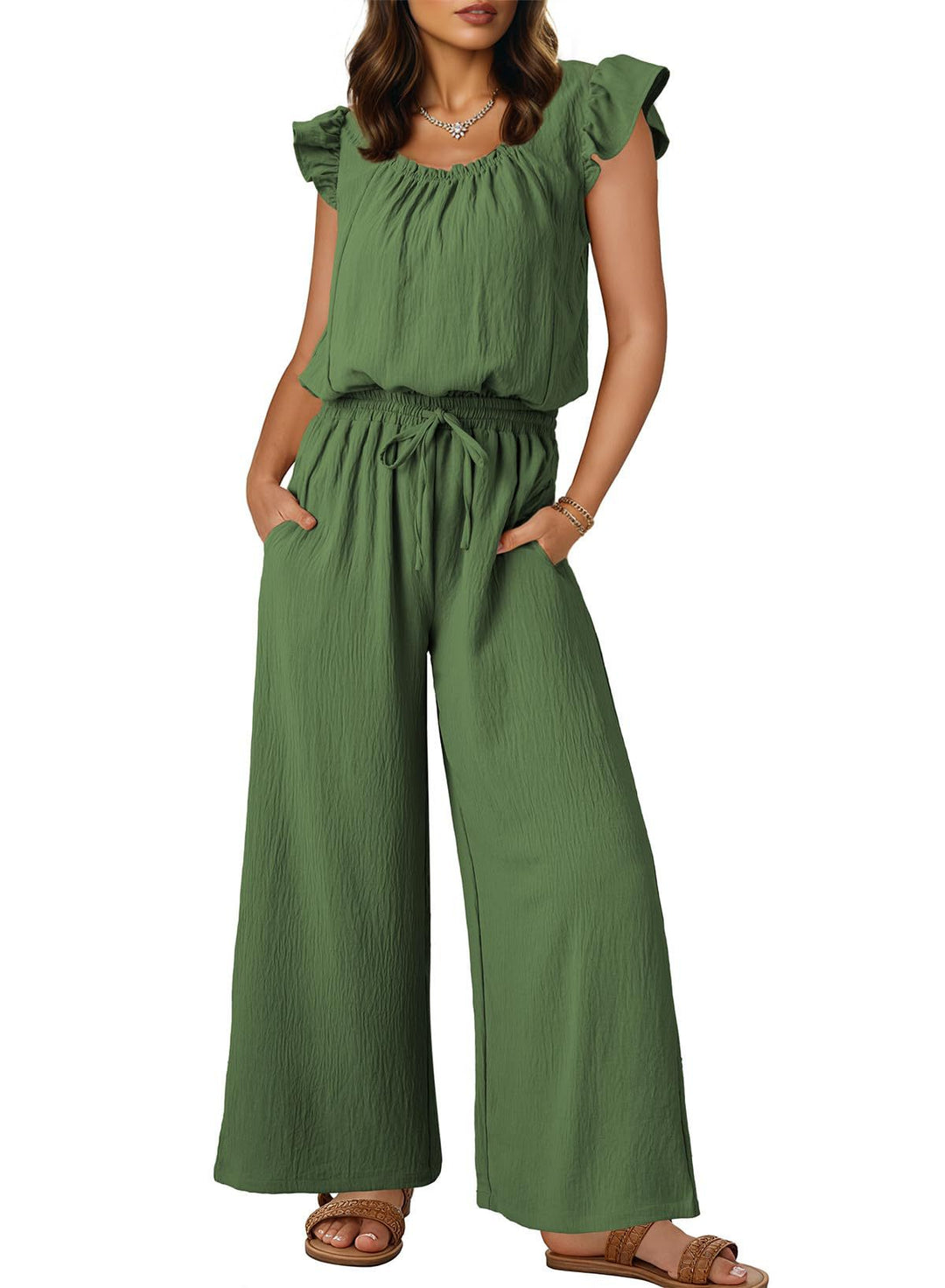 Women's Crinkle Jumpsuit with Wide Leg, Elastic Waistband, and Ruffled Sleeves Mune Fashion