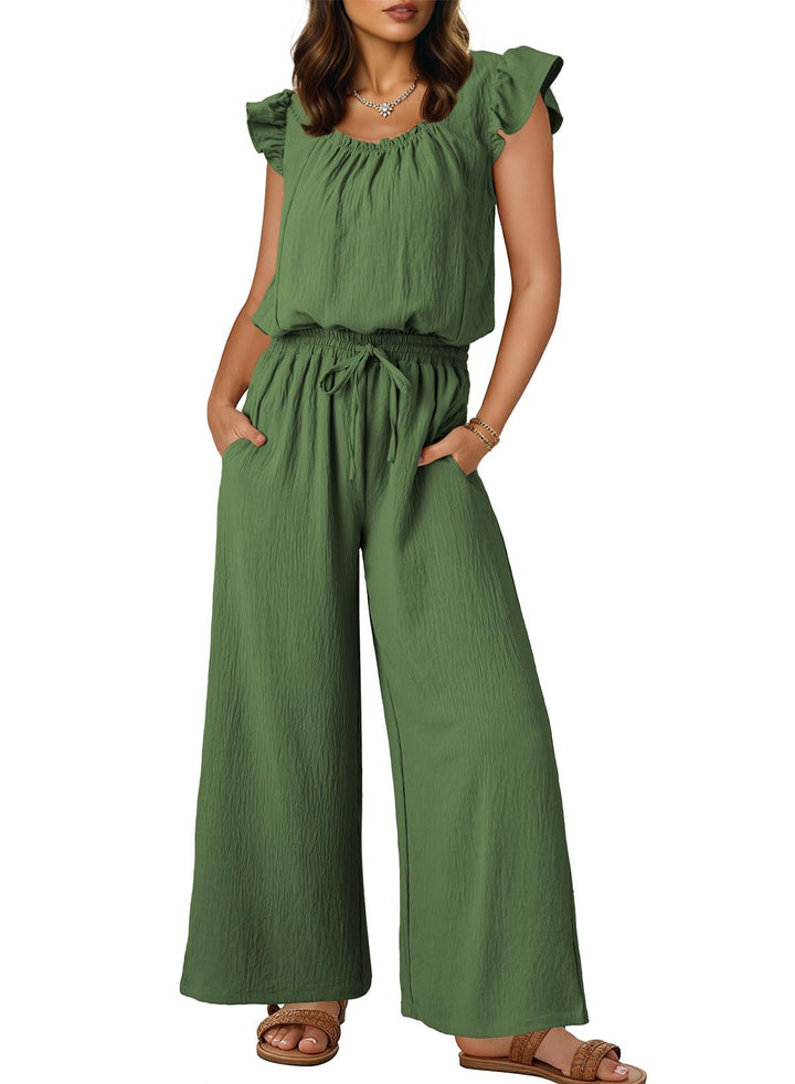 Women's Crinkle Jumpsuit with Wide Leg, Elastic Waistband, and Ruffled Sleeves Mune Fashion