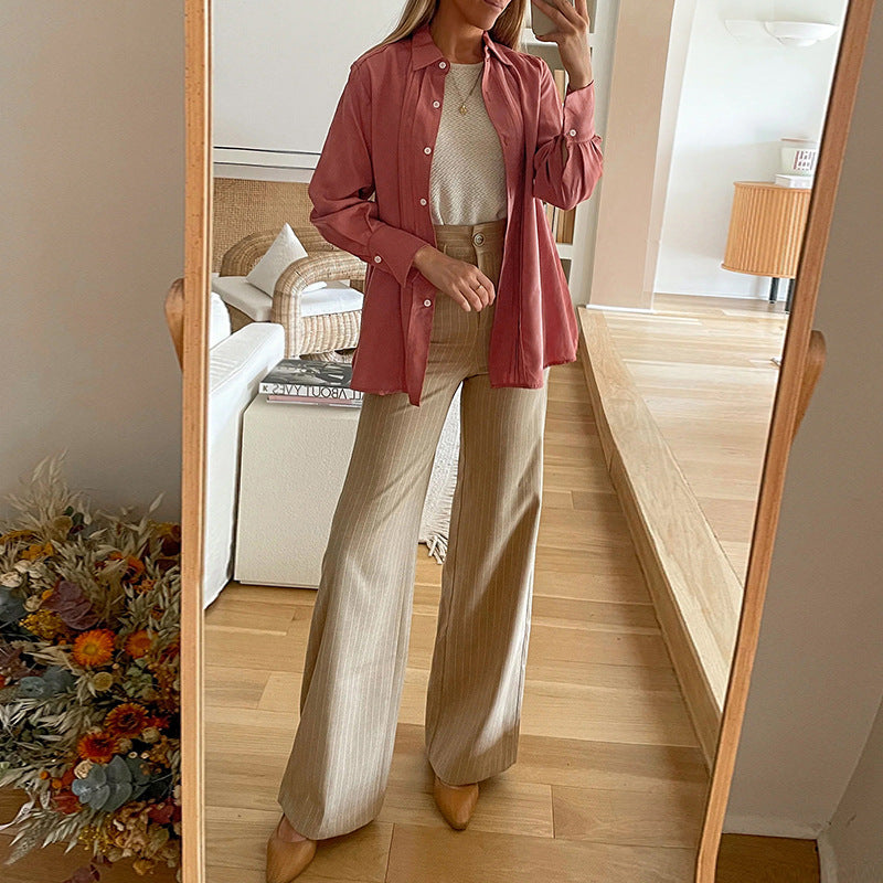 Women's Pleated Tunic Blouse with Shirt Collar and Loose A-Line Silhouette Mune Fashion